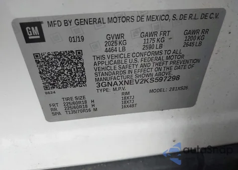 2019 Chevrolet Equinox Premier z USA, uszkodzony, nr VIN 3GNAXNEV2KS597298